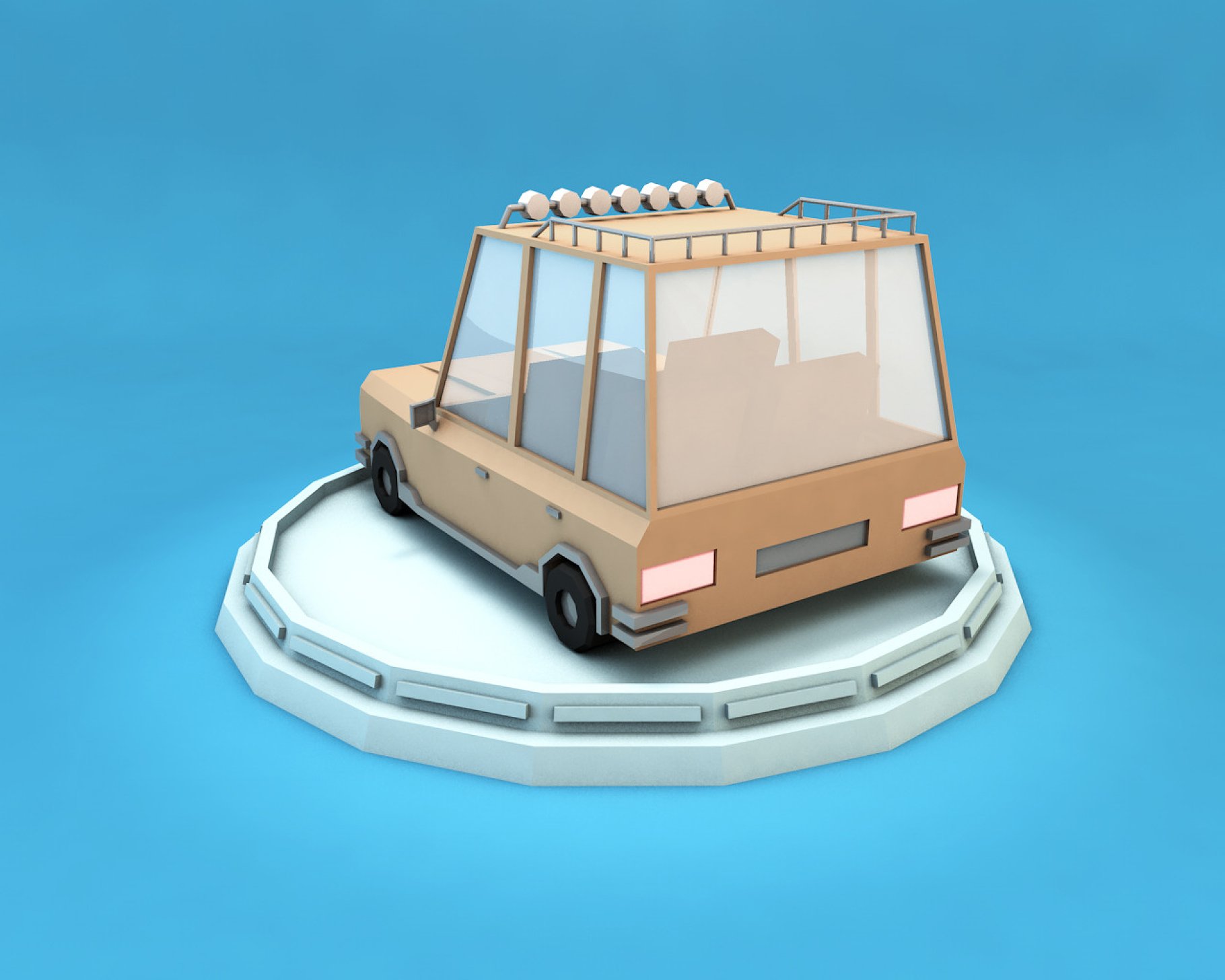 Low poly family car back mockup in beige on a blue background.