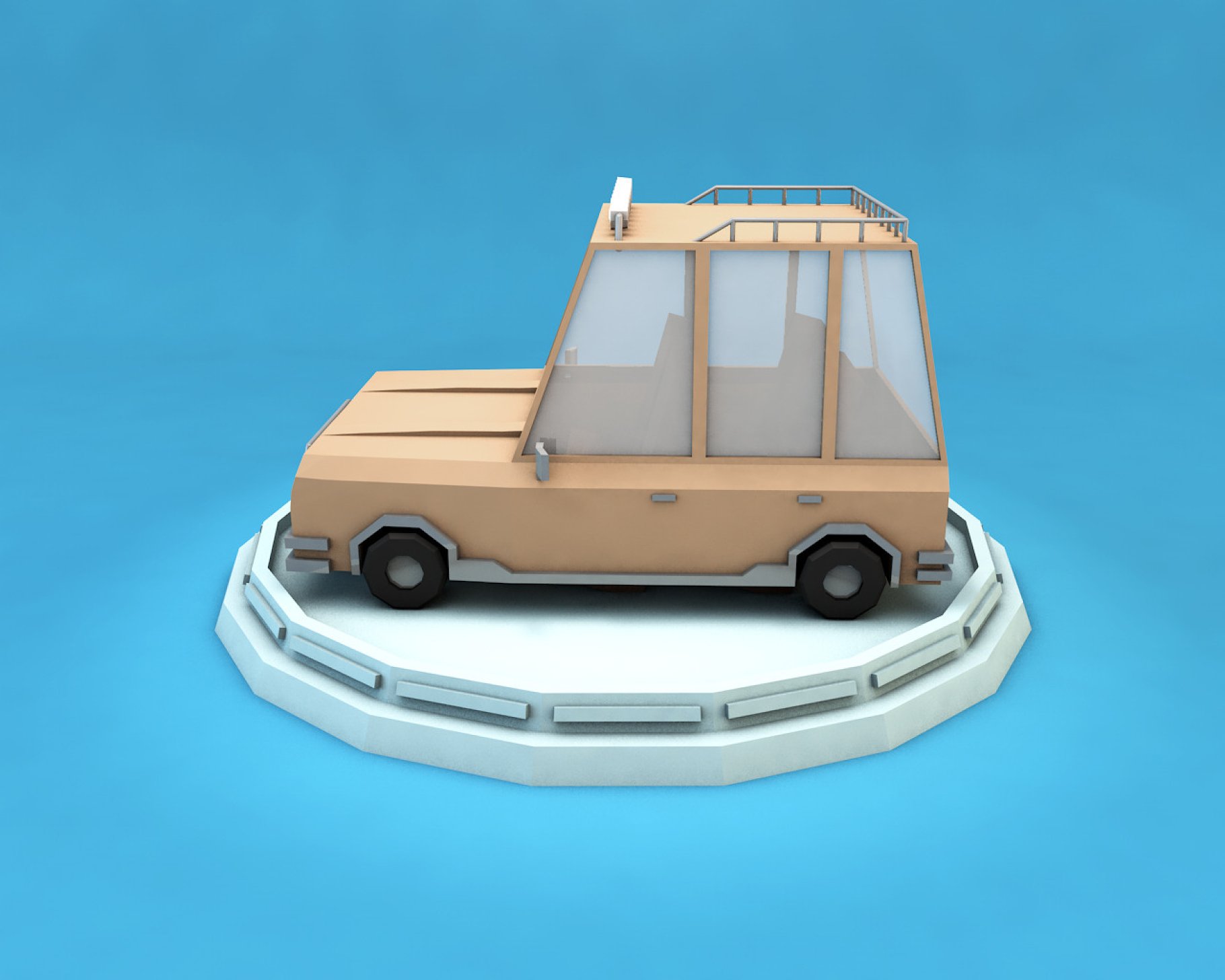Low poly car in beige on the left side on a blue background.