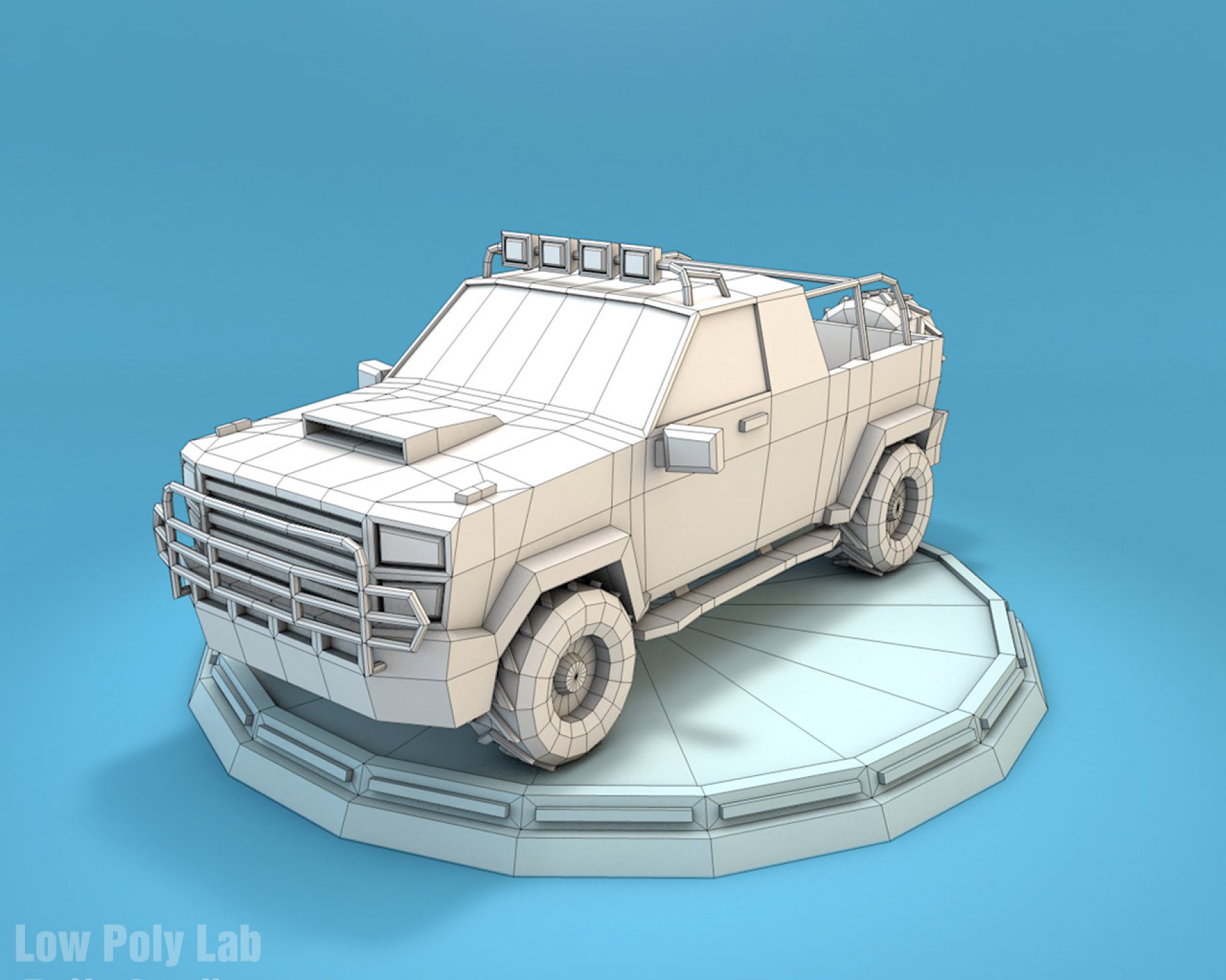 Graphic low poly jeep front mockup on a blue background.