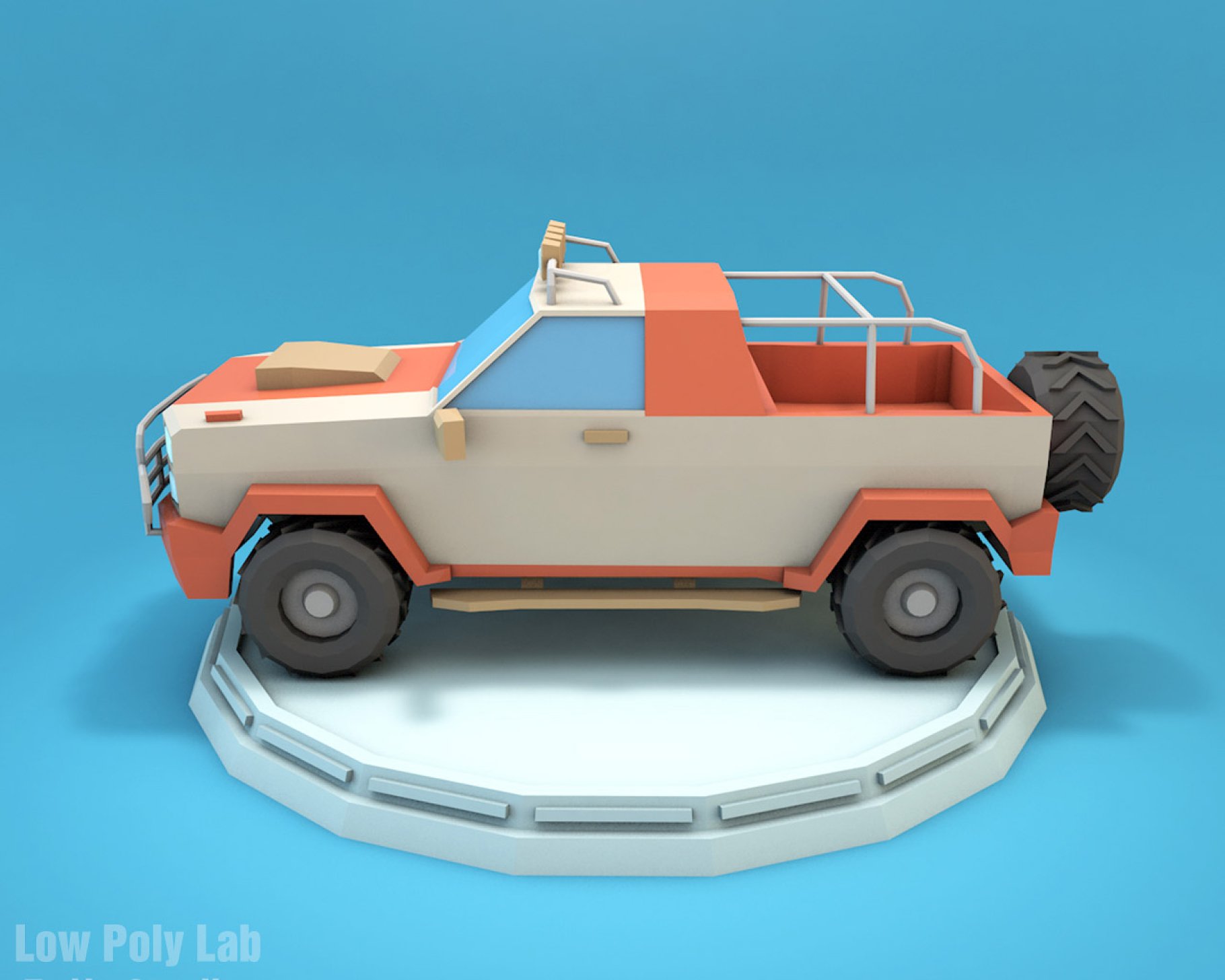 Mockup of color low poly jeep in the side.