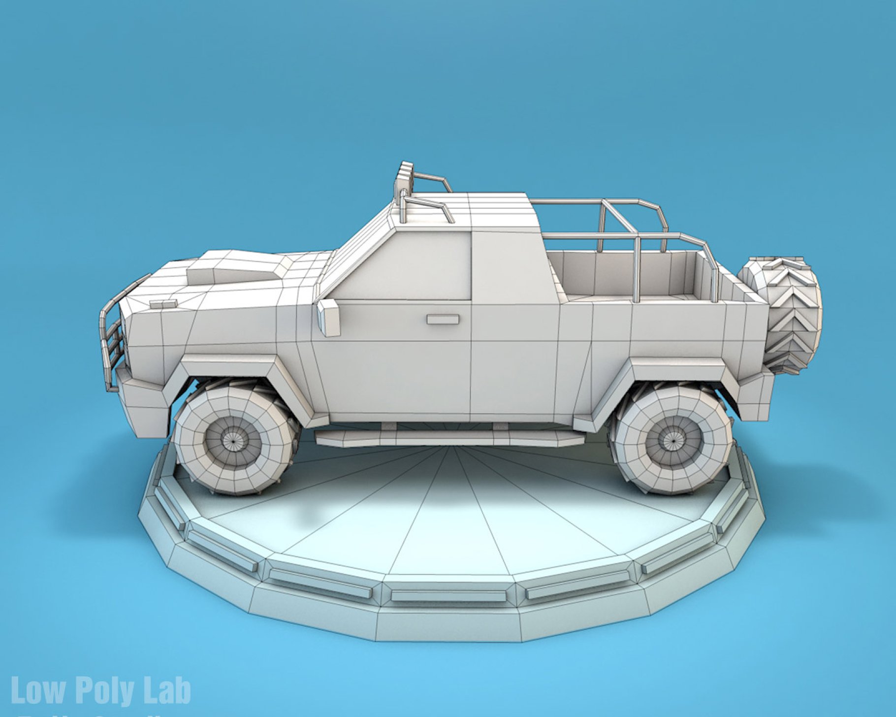 Low poly jeep graphic mockup in the side.