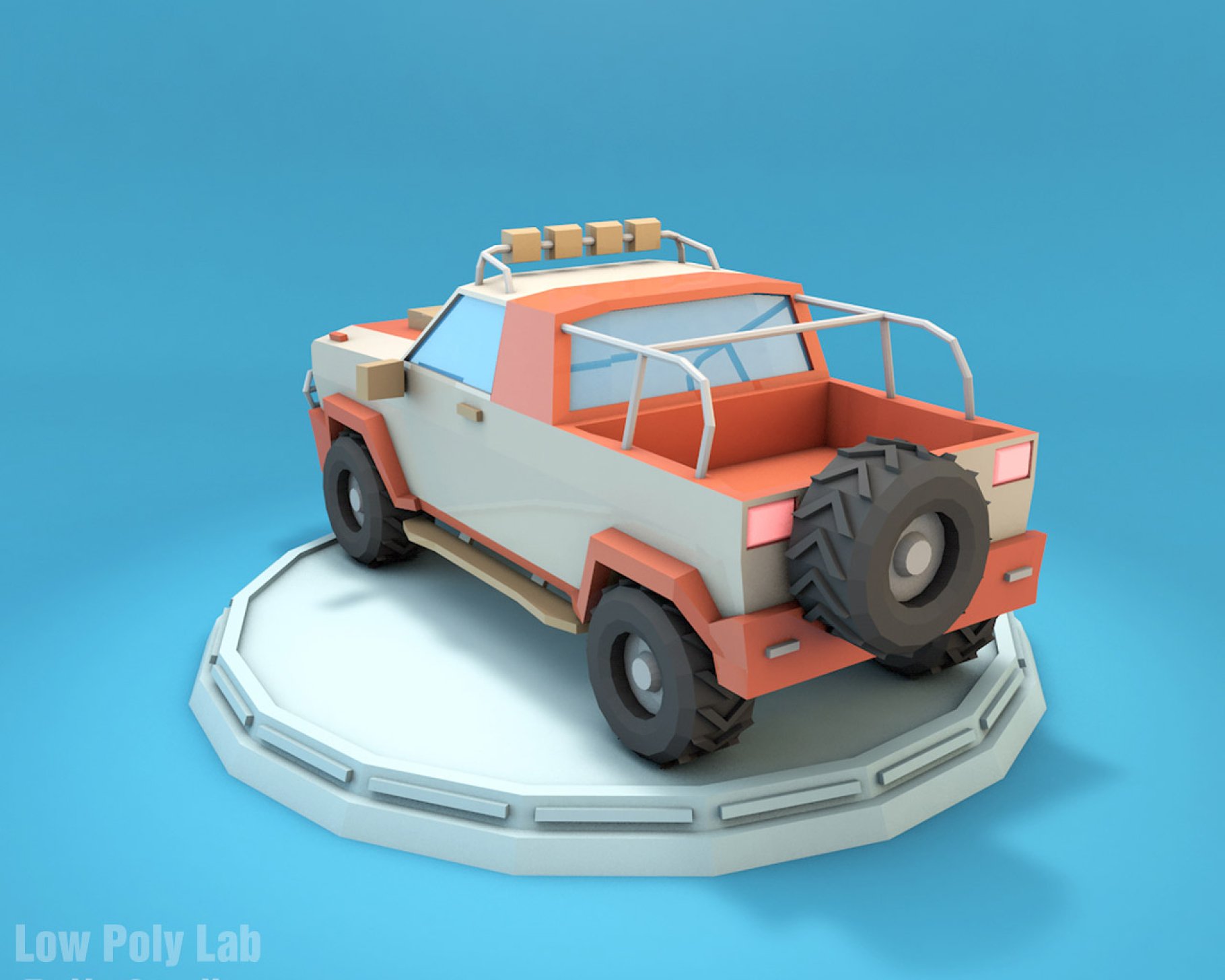 Back color mockup of low poly jeep on a blue background.