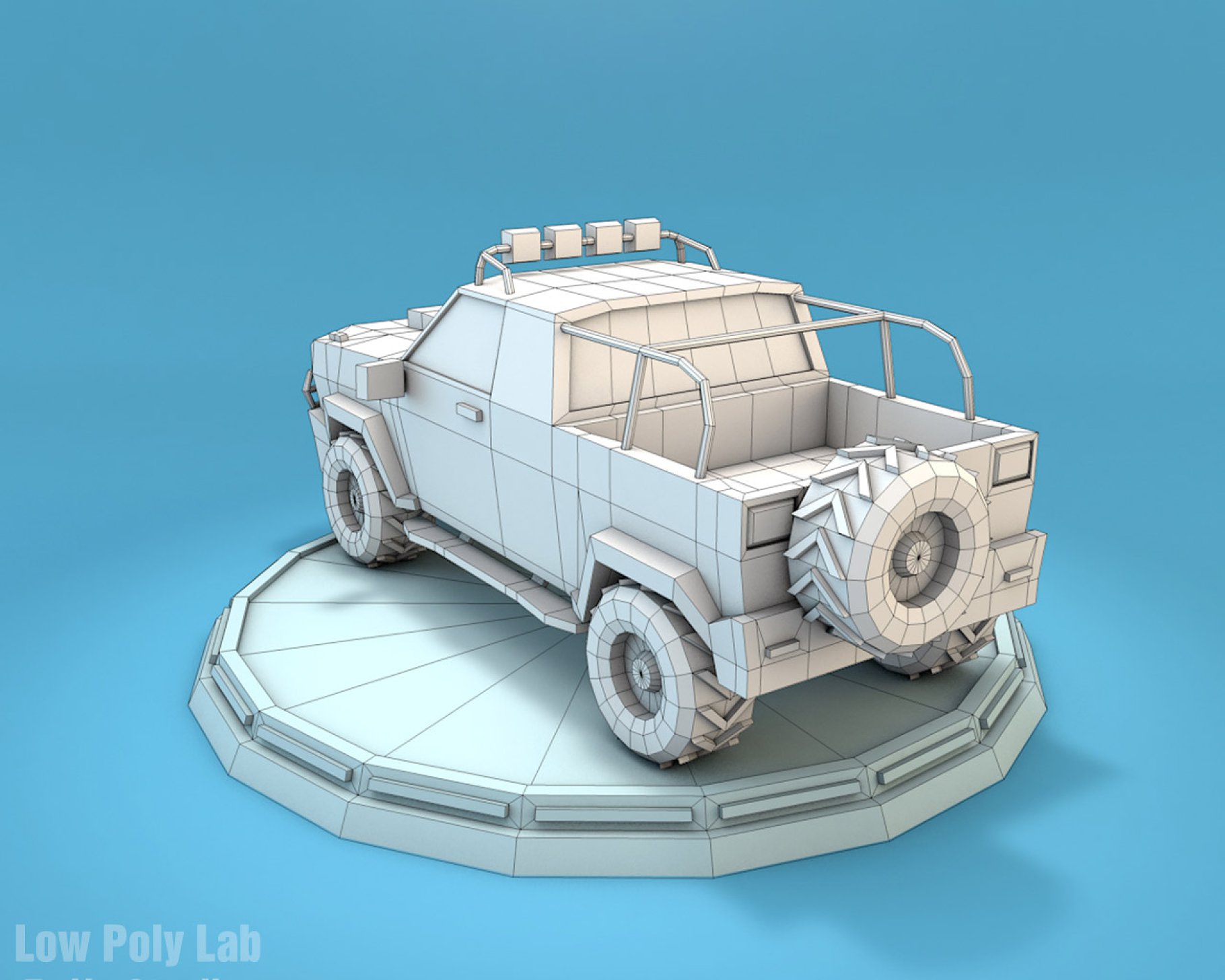 Graphic low poly jeep back mockup.
