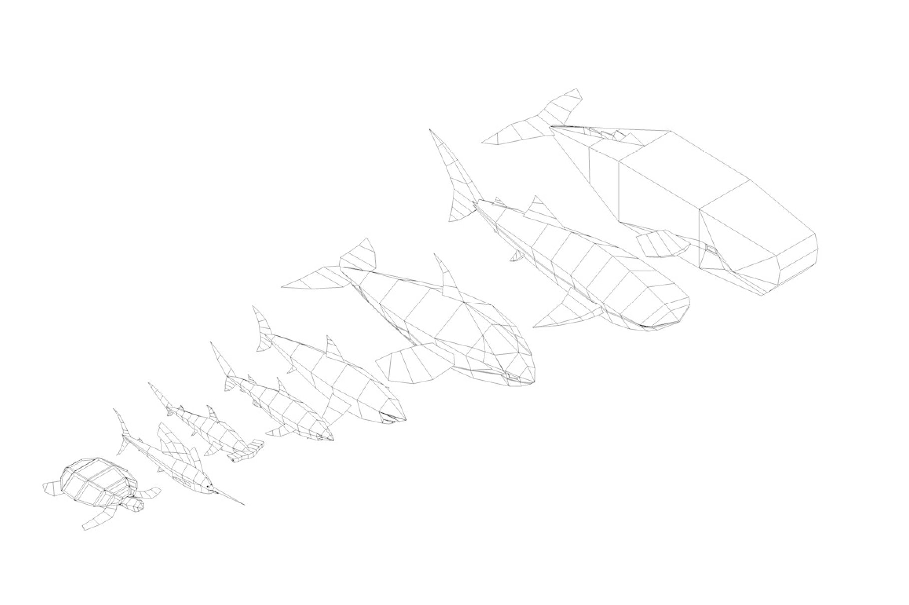 Line of low poly pirate sea animals on a white background.