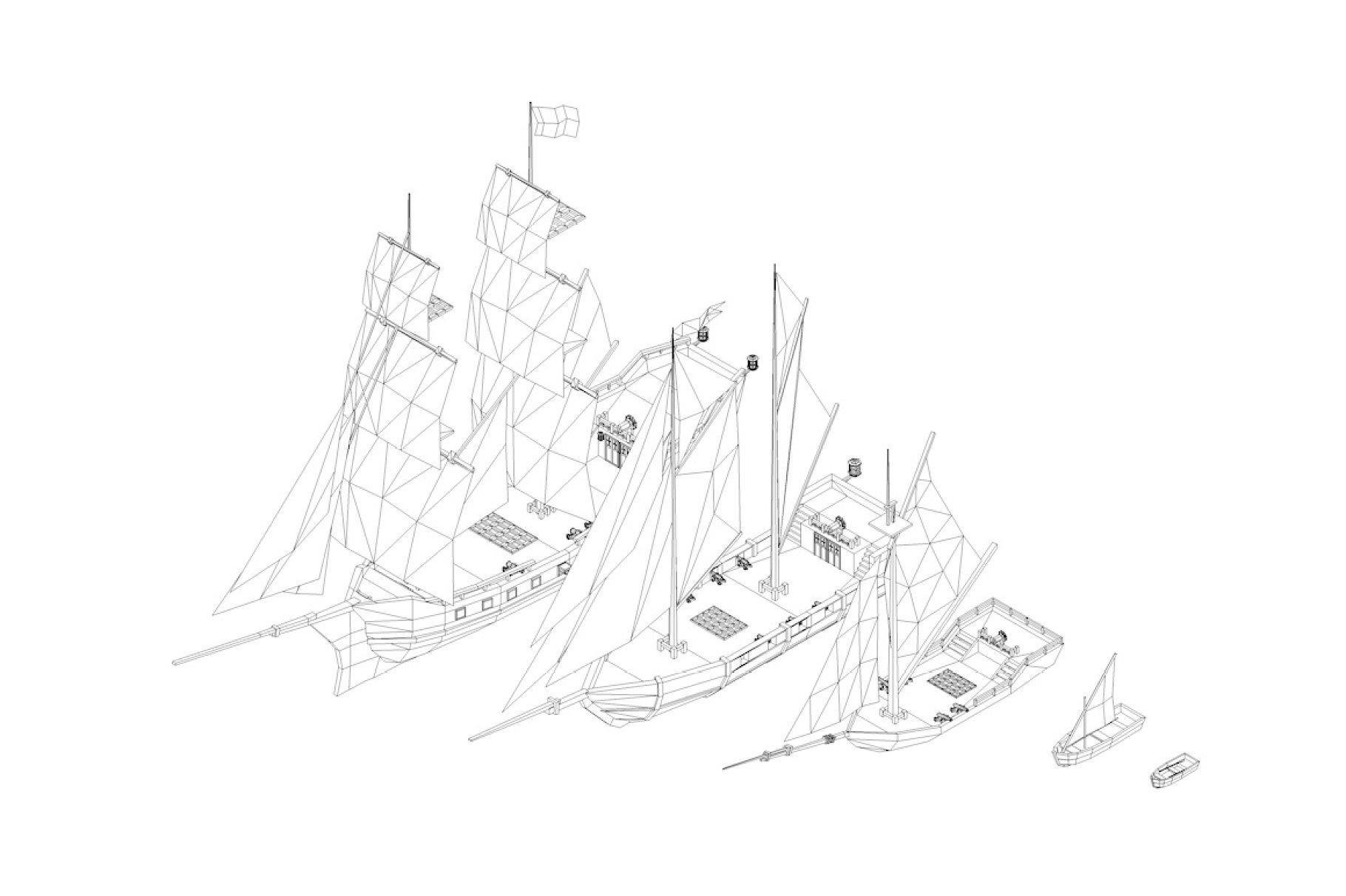 Outline illustration of low poly pirate ships on a white background.