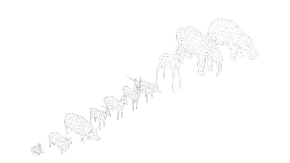 A set of different graphic lowpoly animals on a white background.