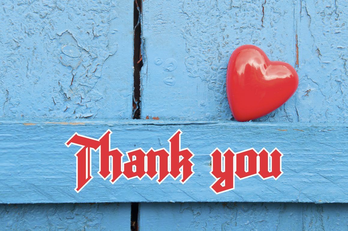 Red lettering "Thank you" with white stroke on the blue background with heart.