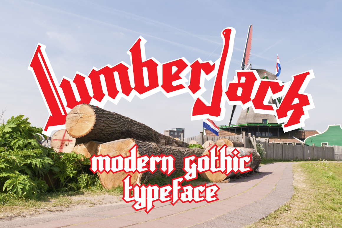 Red lettering "Lumberjack" on the background of town.