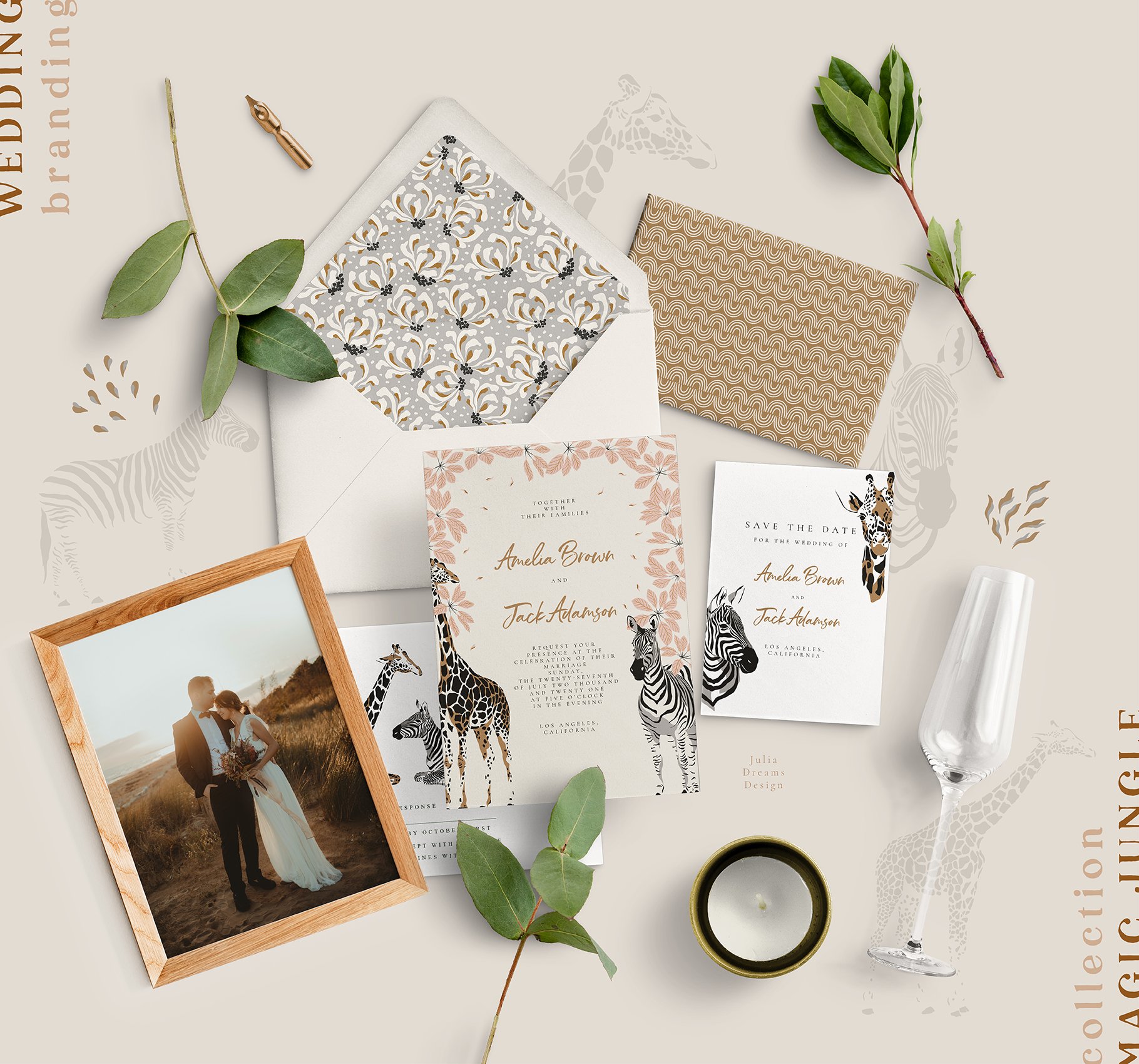 Vintage composition with tropical postcards, invitations and photos.