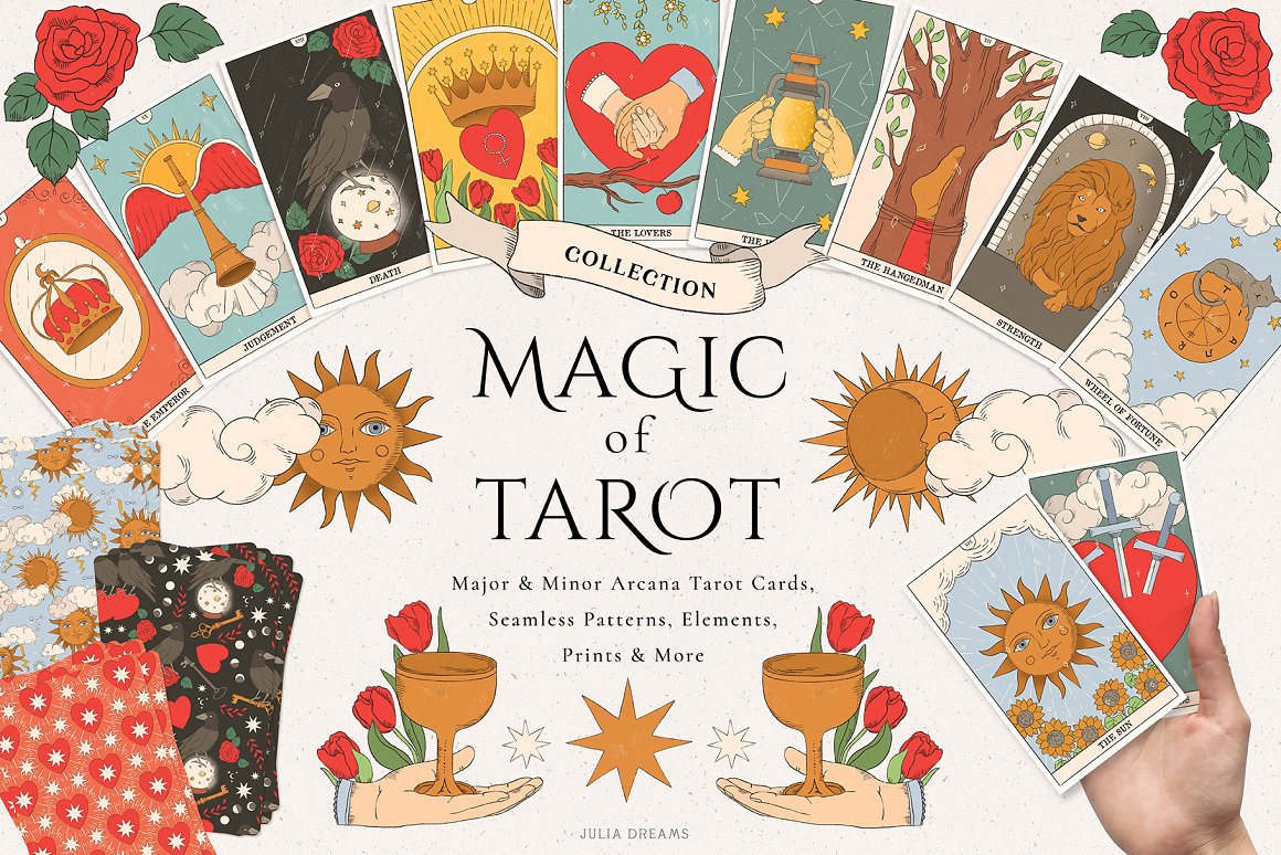 Black lettering "Magic Of Tarot" and different illustrations on a gray background.