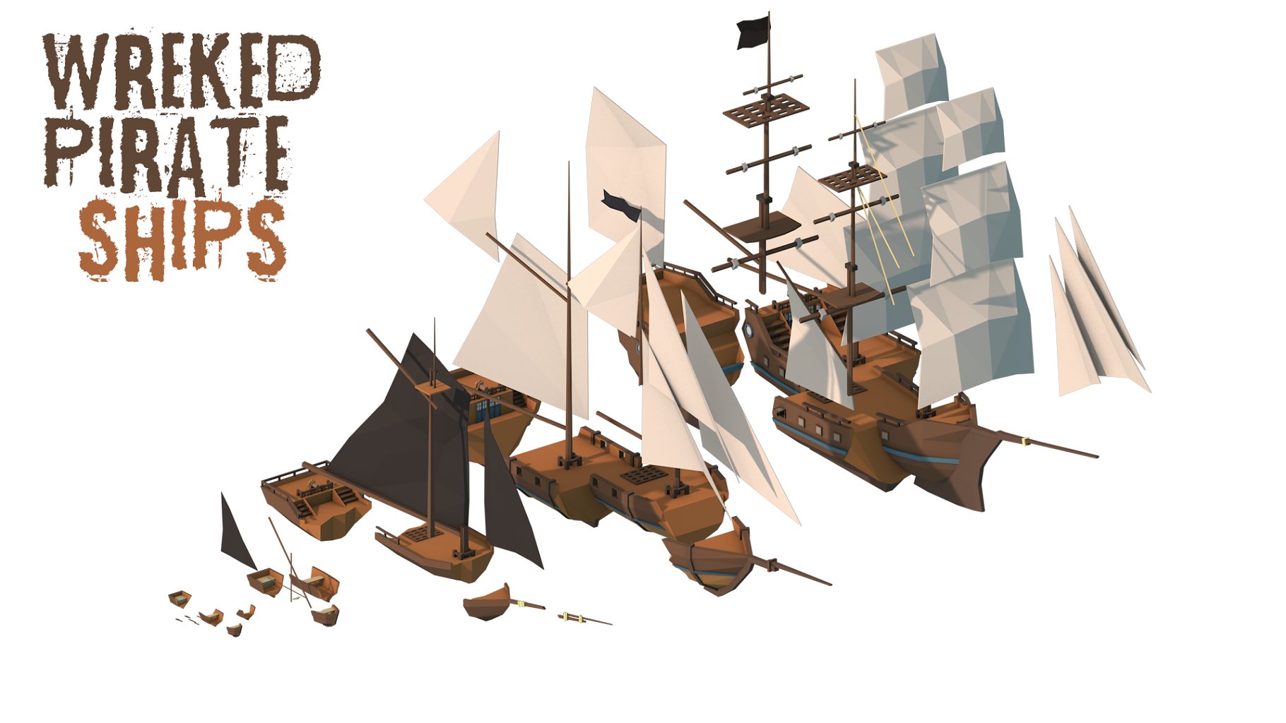 Brown lettering "Wrecked Pirate Ships" and different mockups on a white background.