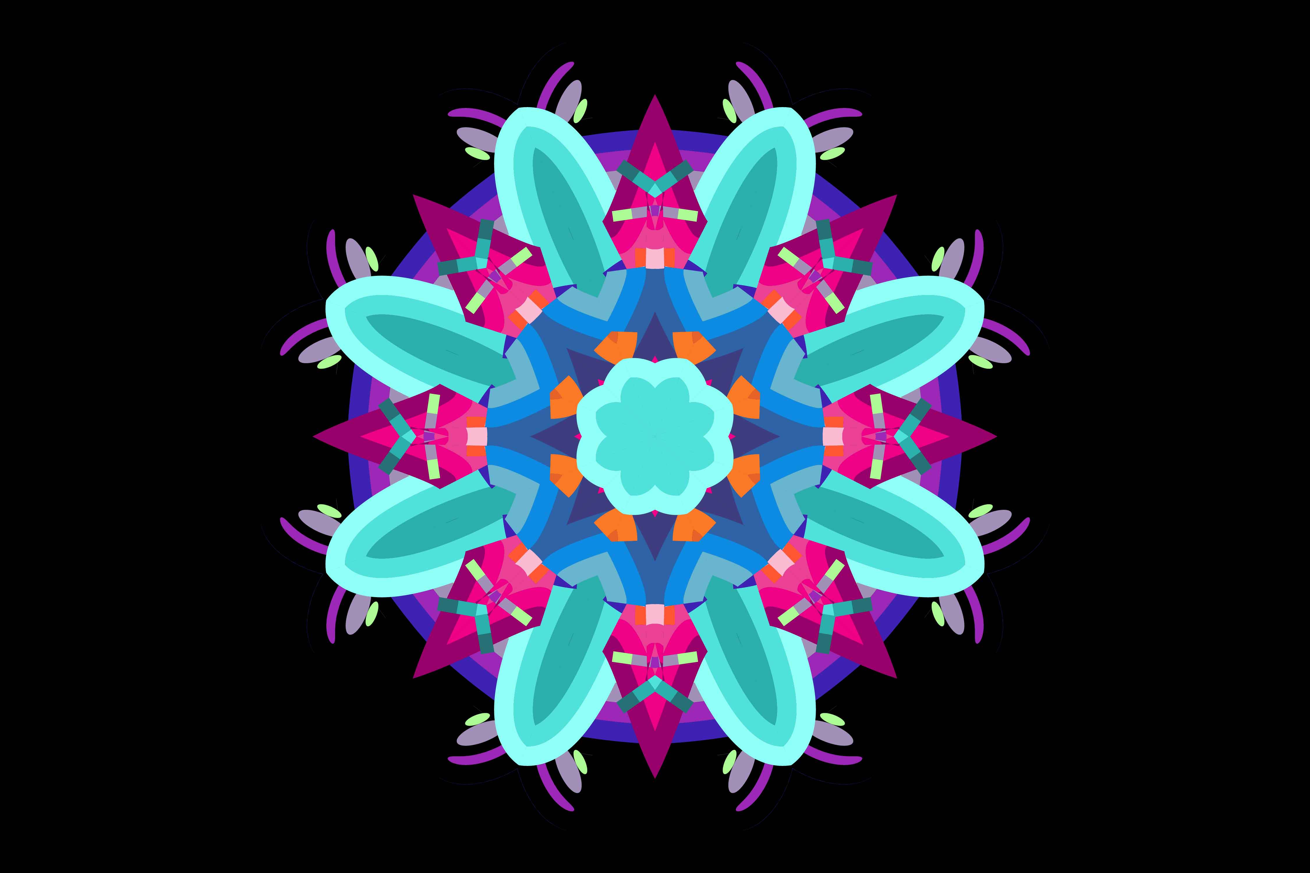 Turquoise mandala with red elements.