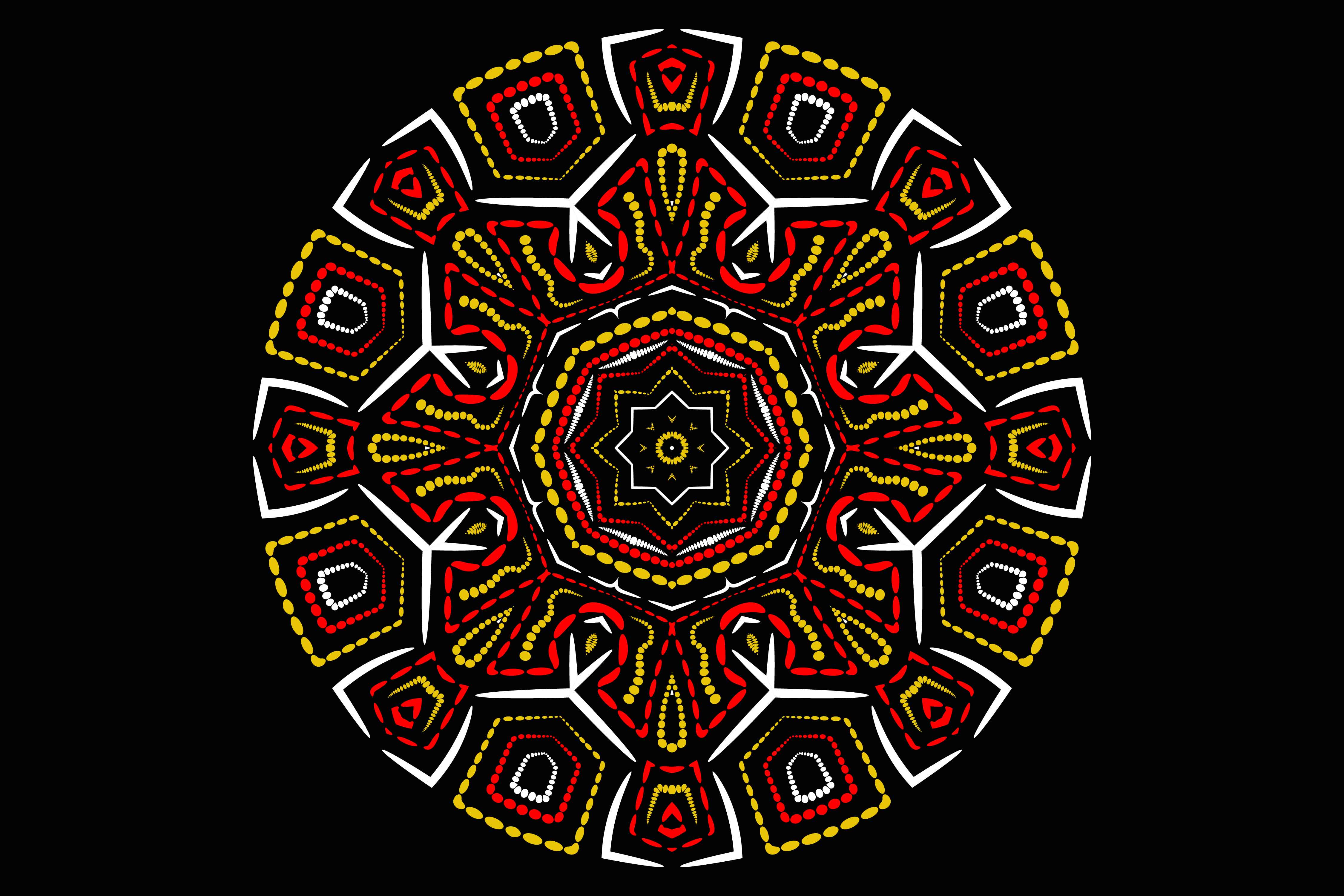 Round mandala with vivid geometrics.