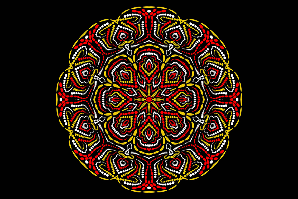 Rich red and gold mandala in a round shape.