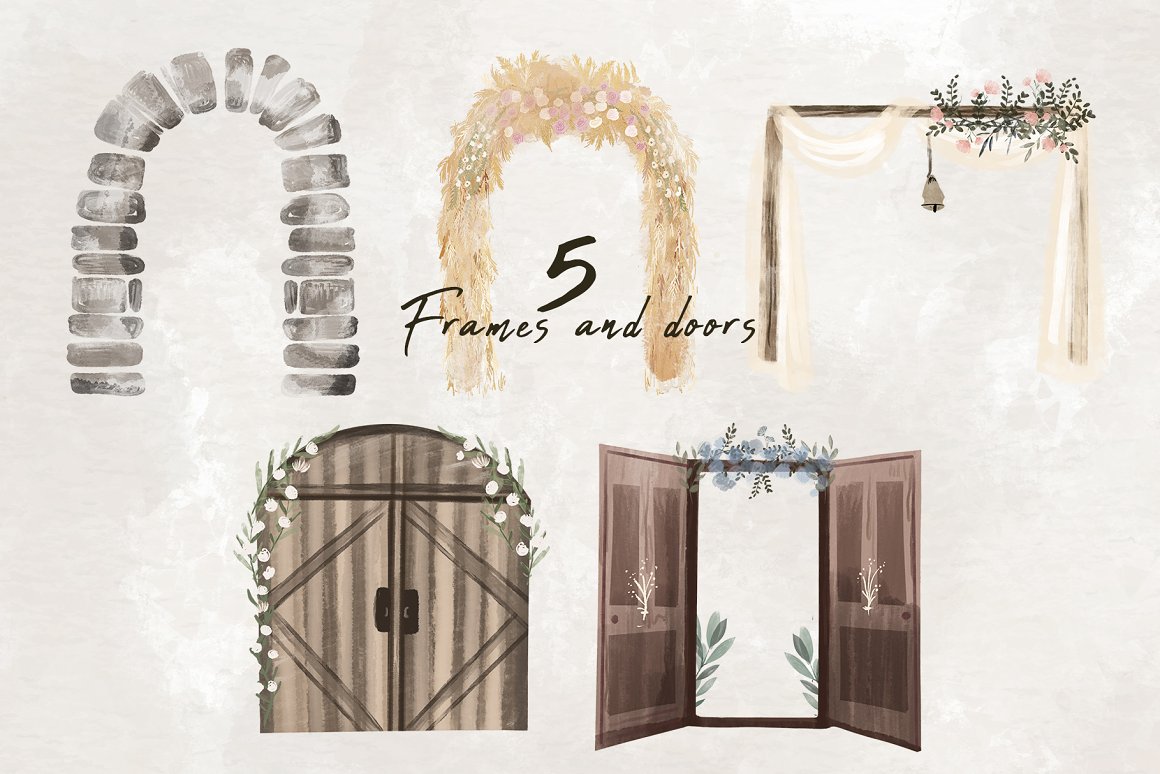 Wedding set of 5 different watercolor frames and doors.