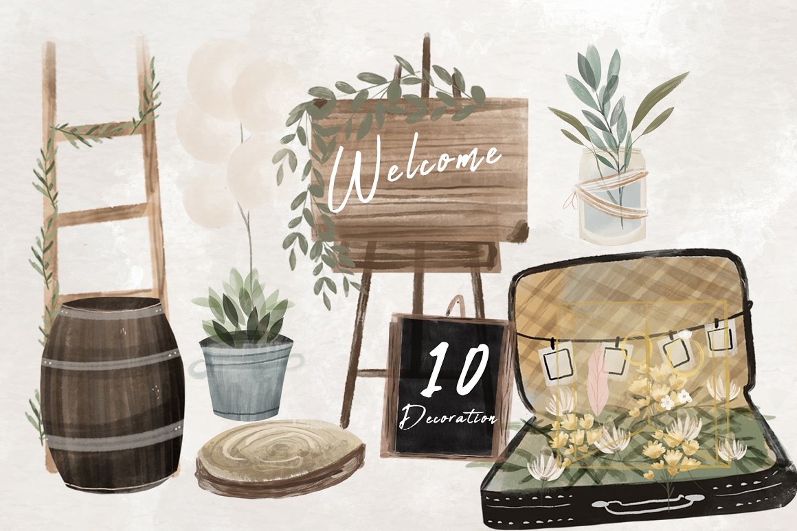 Watercolor kit of different wedding illustrations.