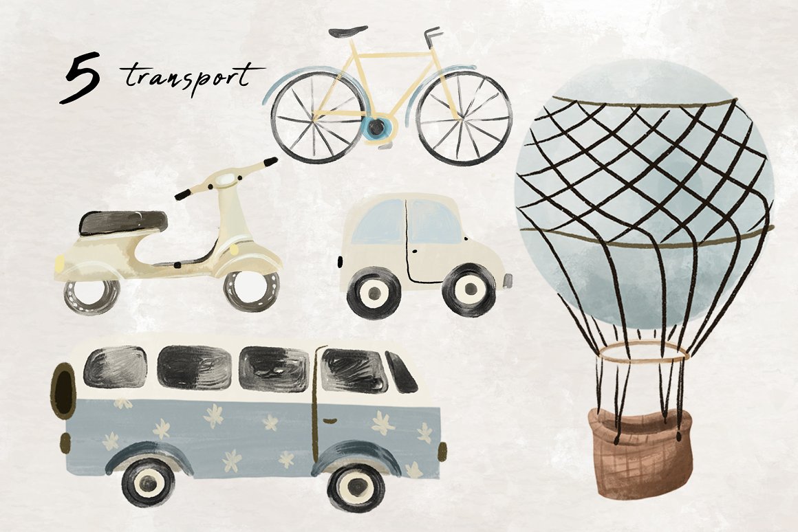Collection of 5 different watercolor illustrations of transport.