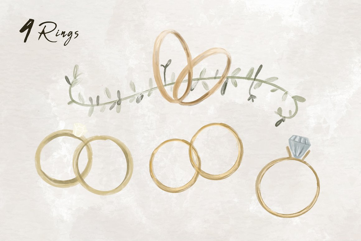 Clipart of 4 illustrations of golden rings on a gray background.