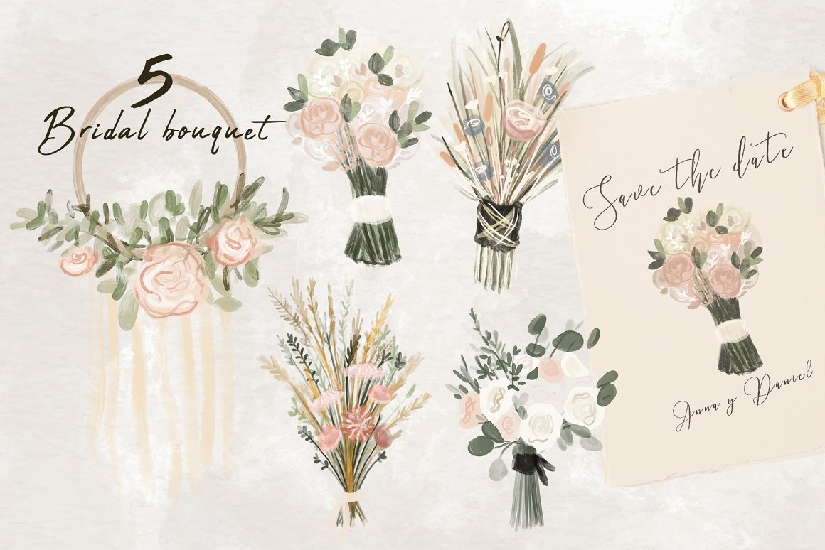 Kit of 5 watercolor bridal bouquets on a gray background.