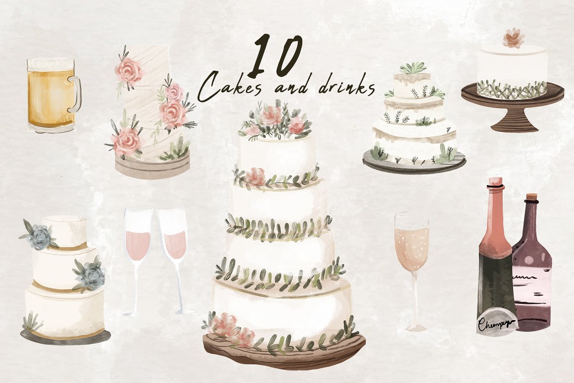 Clipart of 10 watercolor illustrations of wedding cakes and drinks.