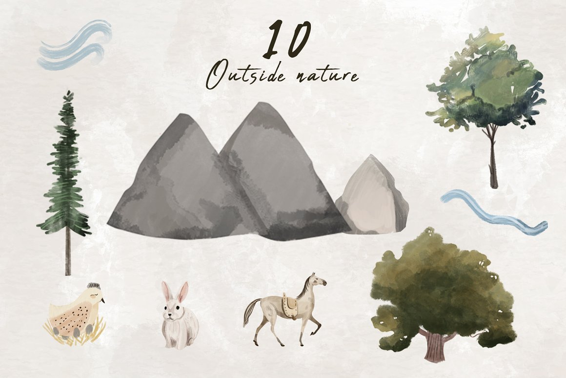 A set of 10 different outside nature illustrations.