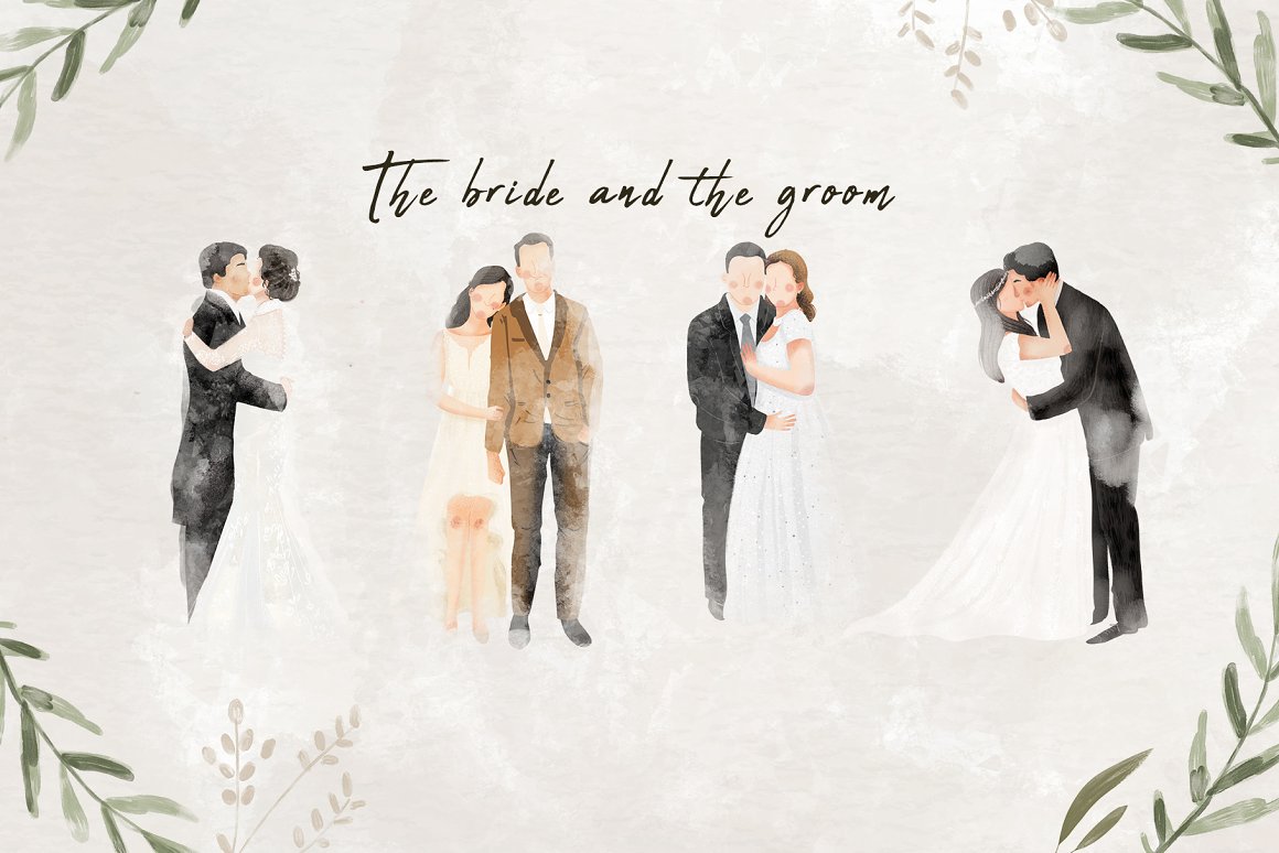 Lettering "The bride and the groom" in black and 4 couple illustrations.