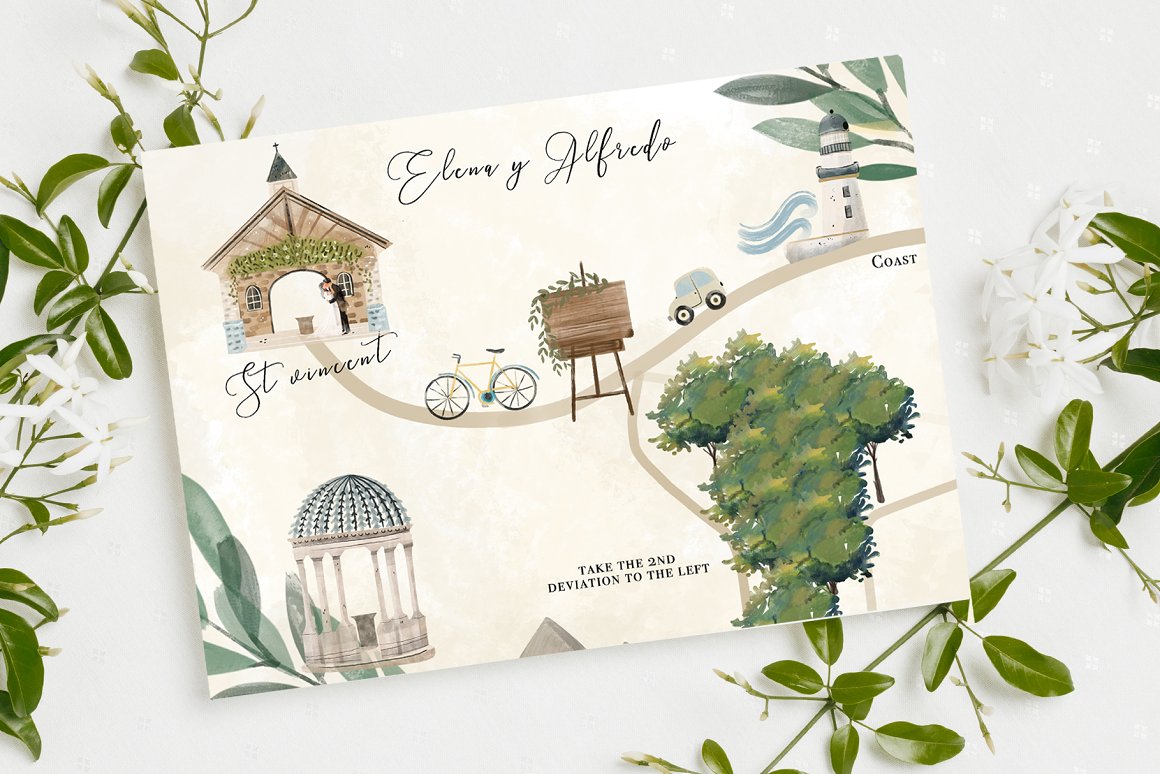 An example of card with watercolor wedding map.