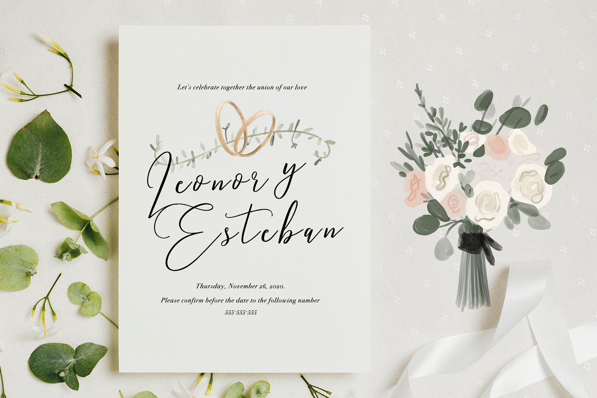 White invitation card with black lettering and golden rings.