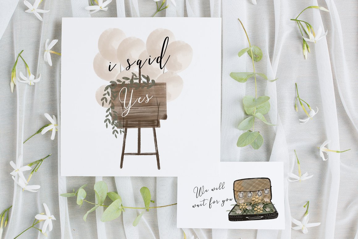 2 beautiful white cards with watercolor illustrations and black and white lettering.
