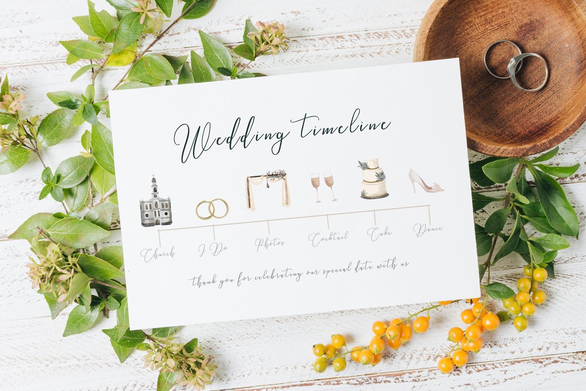 White card with wedding timeline and black lettering.
