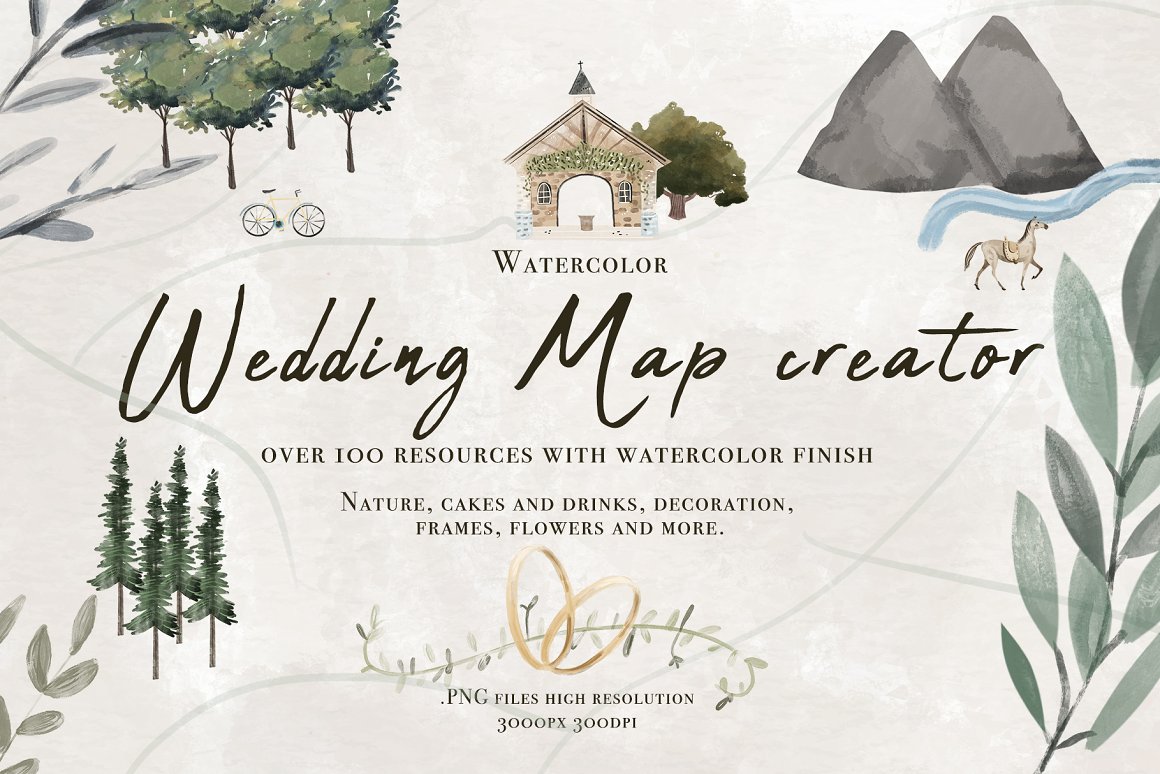Black lettering "Wedding Map Creator" and different watercolor wedding illustrations on a gray bavkground.