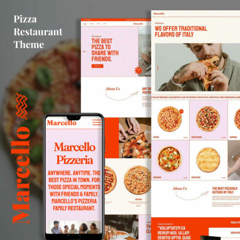 A set of beautiful images of WordPress pages for a pizzeria restaurant.