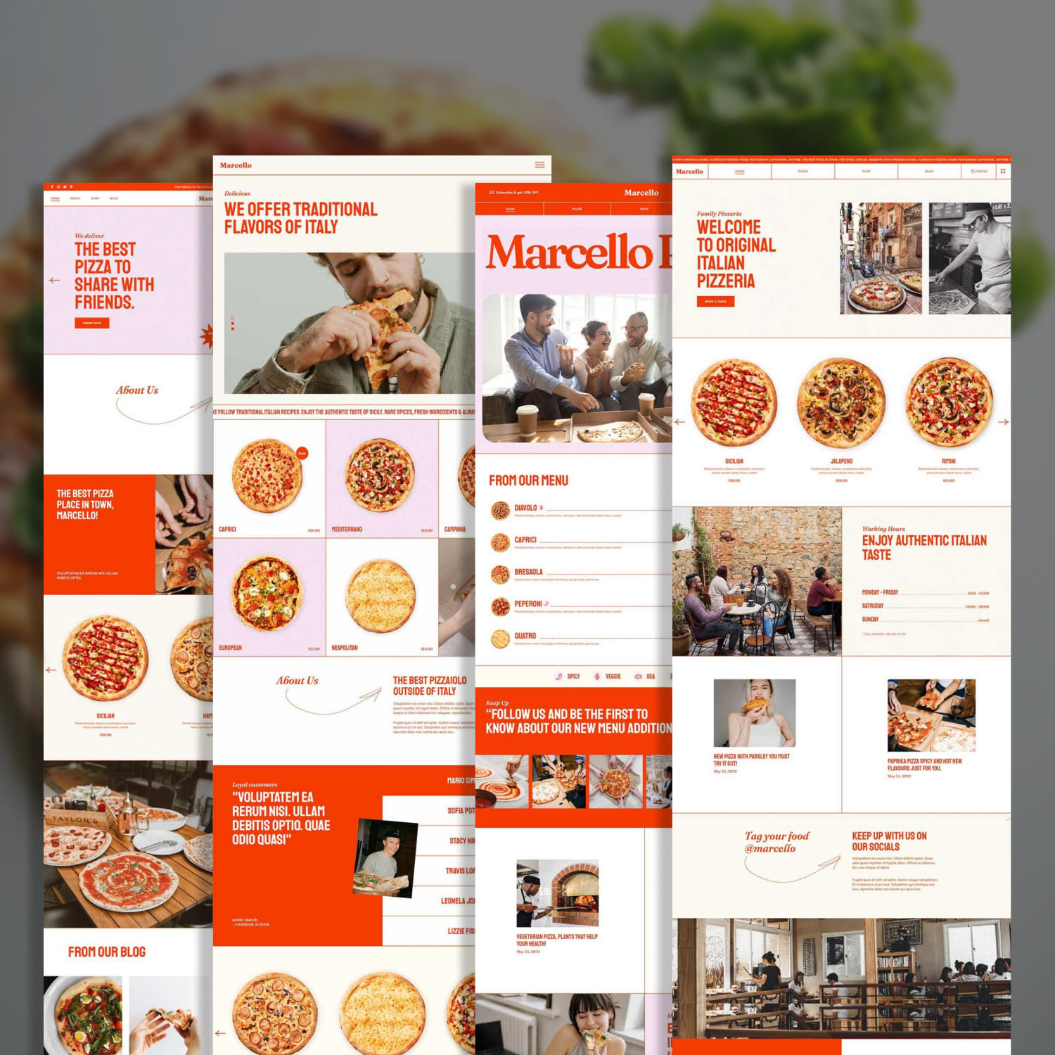 A pack of colorful images of WordPress pages for a pizzeria restaurant.