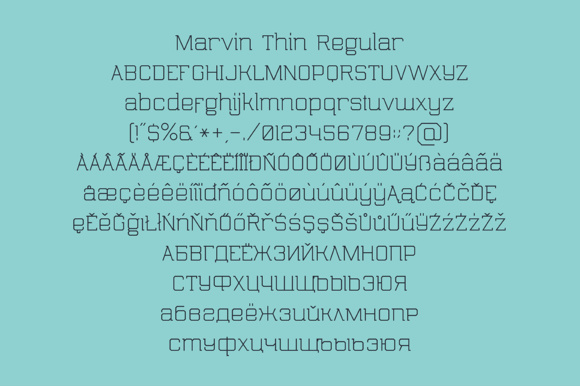 Marvin thin regular font preview.