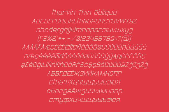 Marvin thin oblique font preview.
