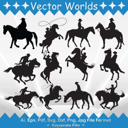 A selection of exquisite vector images of silhouettes of cowboys on a horse