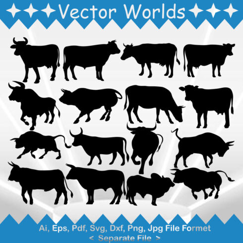 Set of black and white cows silhouettes.
