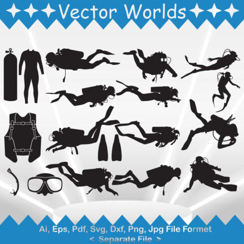 Set of unique images of diver silhouettes