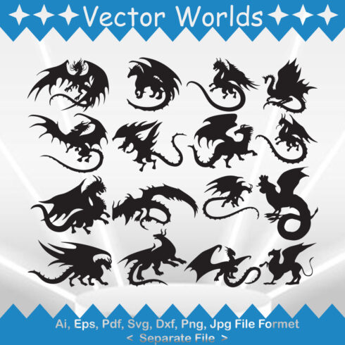 Set of black dragon silhouettes on a white background.