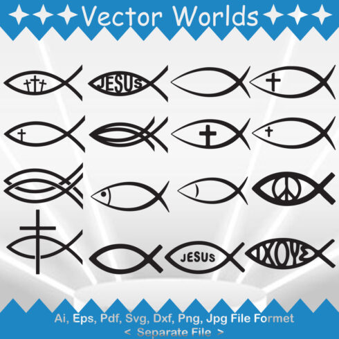 Set of beautiful vector images of the silhouette of Christian fish.