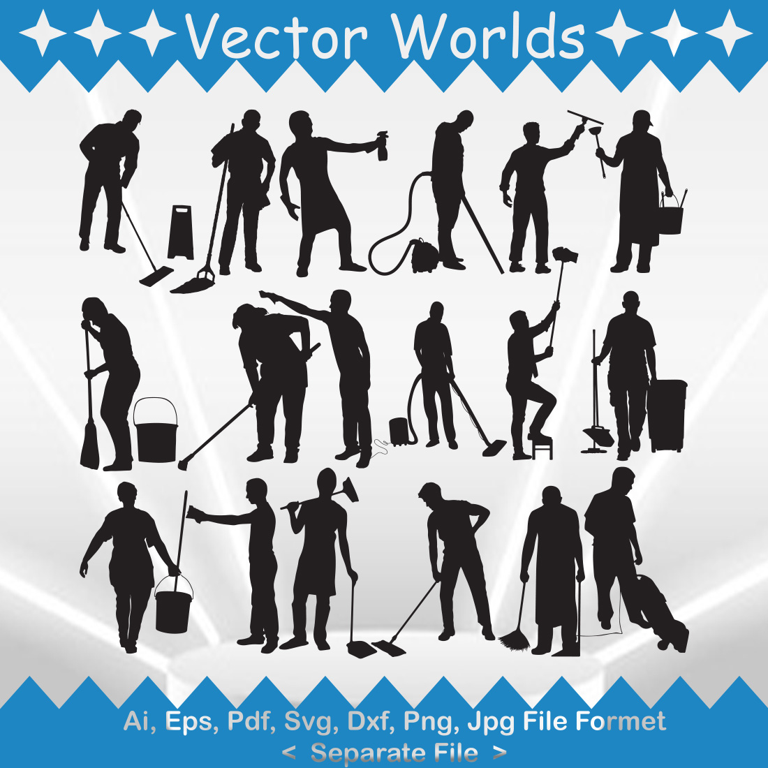 Set of beautiful vector images of silhouettes of a cleaner man.