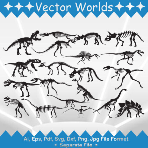 Set of dinosaur silhouettes on a blue and white background.