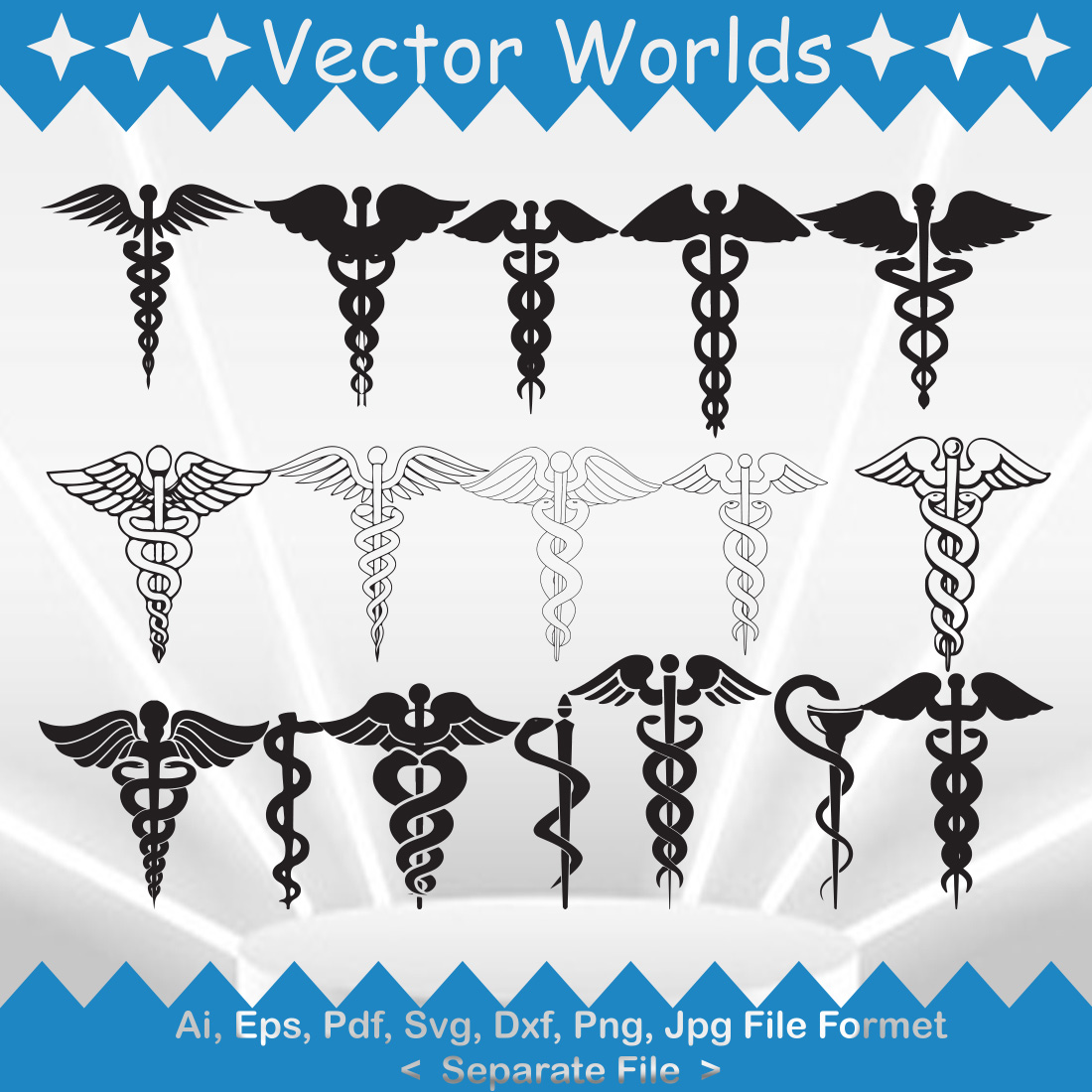 Collection of beautiful vector images of caduceus symbols.