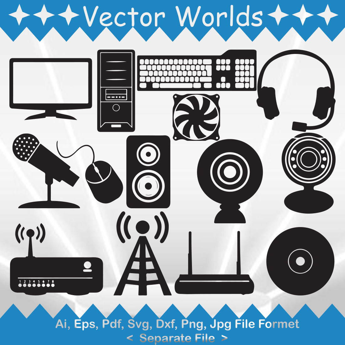 Collection of gorgeous vector image silhouettes of computer accessories