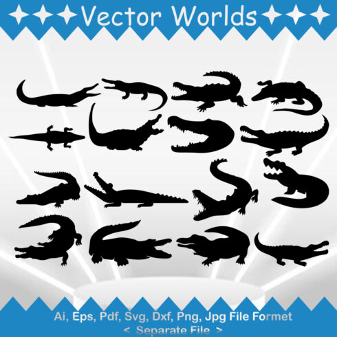 Set of alligators silhouettes on a blue and white background.