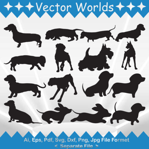 Set of dogs silhouettes on a blue background.