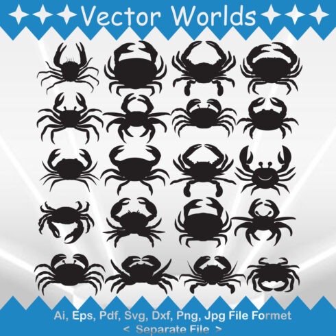 Set of crab silhouettes on a blue and white background.