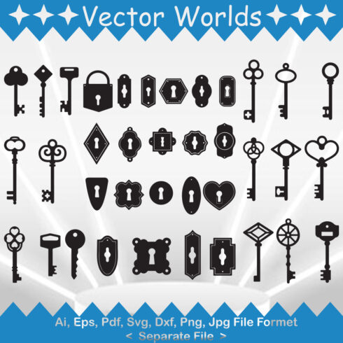 Set of unique images of silhouettes of door locks and keys