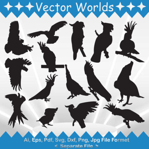 Set of silhouettes of birds on a blue and white background.