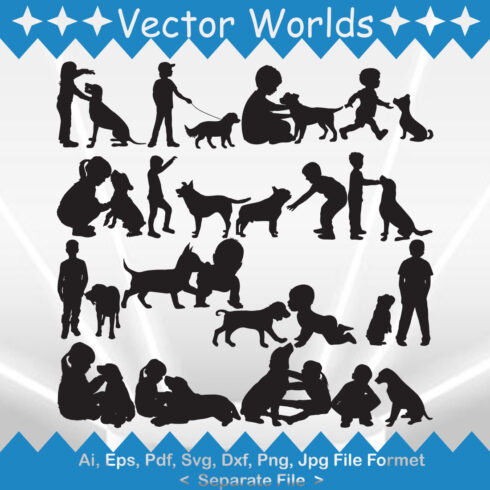 Set of adorable silhouette vector images of a child with a dog.